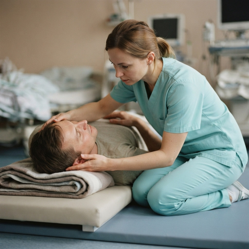 Медсестра проверяет дыхание пациента после передозировки